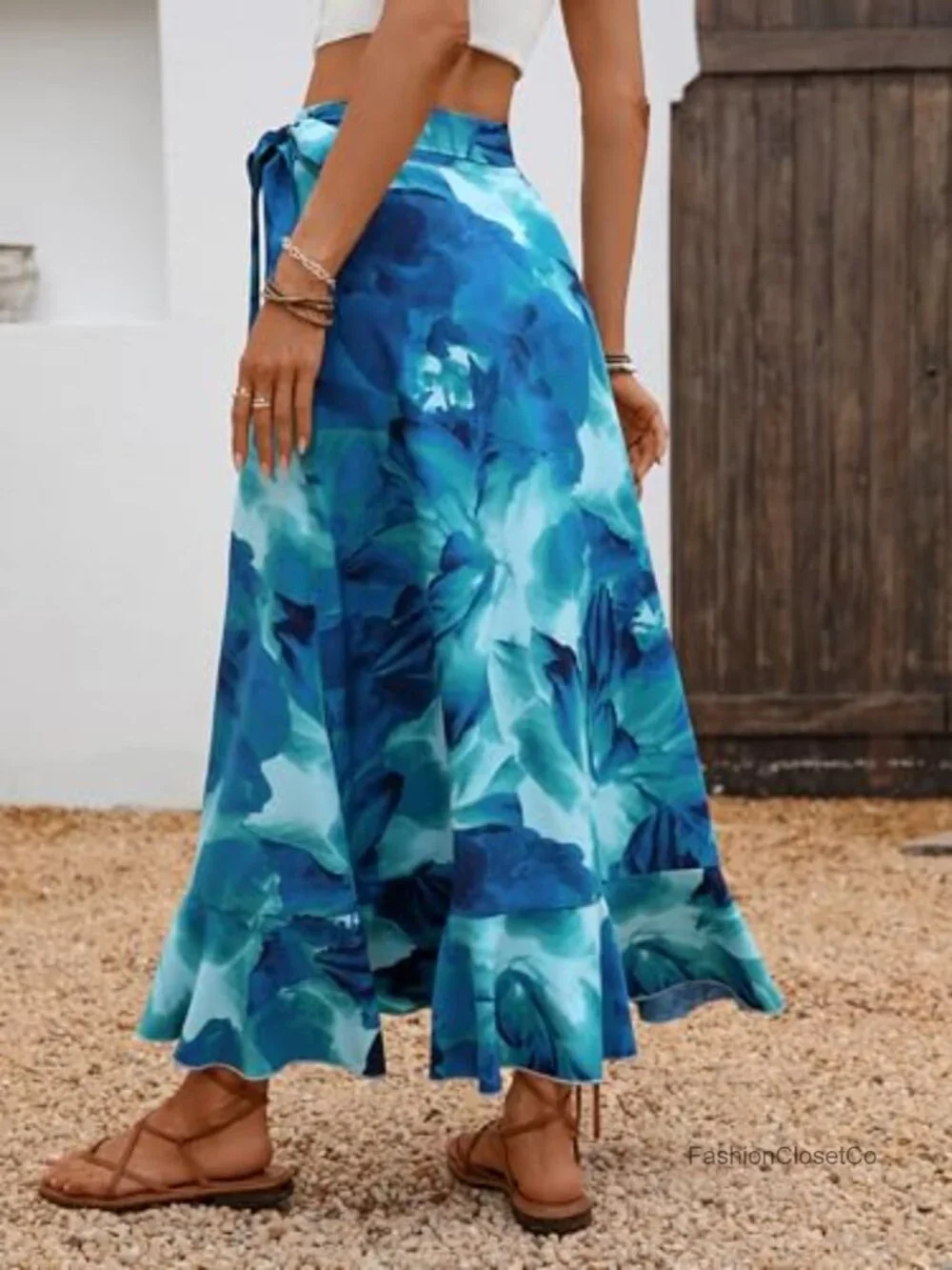 Boho Floral Wrap Maxi Skirt with Knotted Belt Asymmetric Hem Ruffle Split - Picture 3 of 7